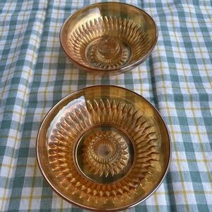 Set Of 2 Vtg Jeanette Iridescent Marigold Carnival Glass Candlestick Holders